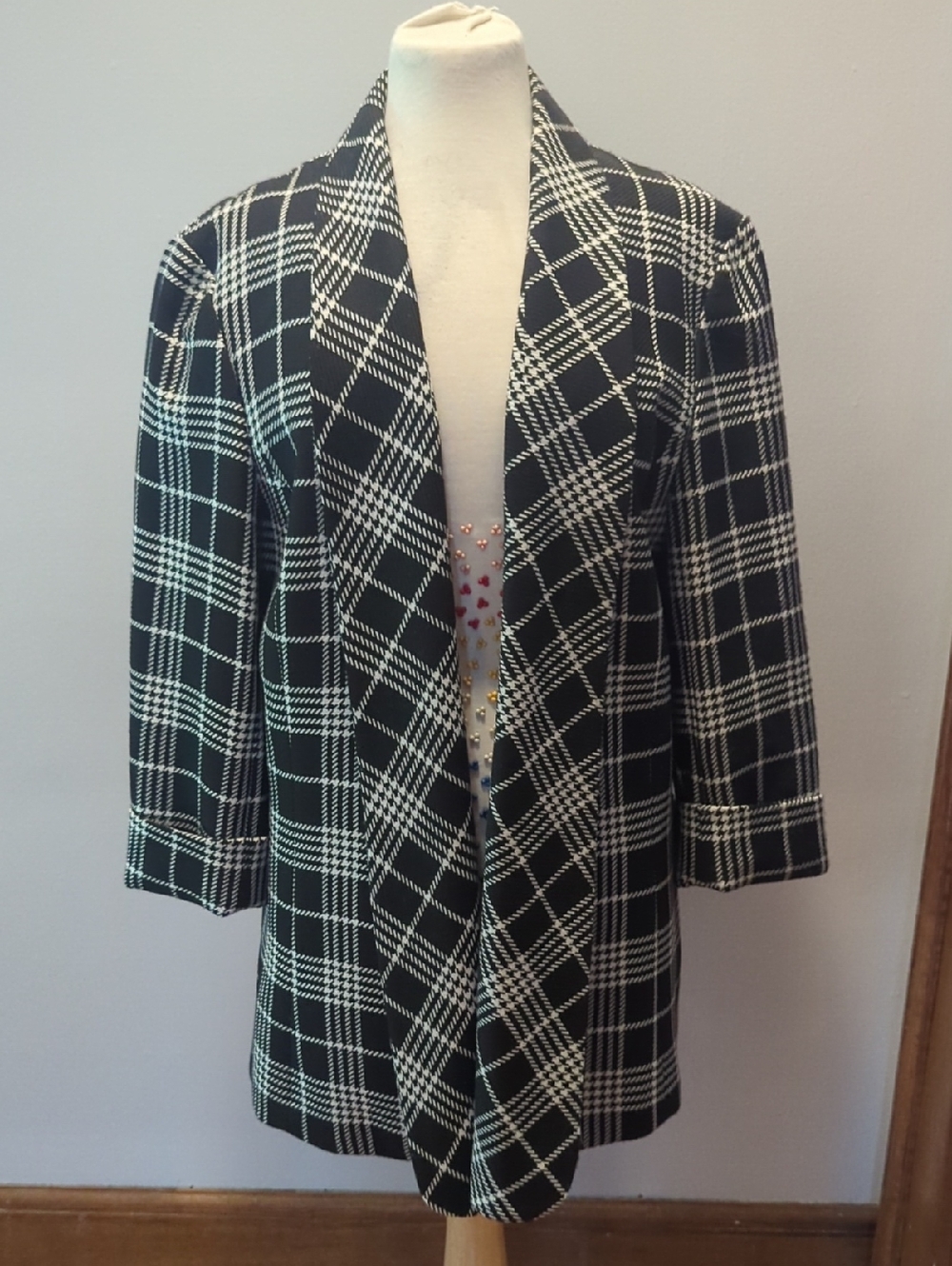 Anne Klein Black & White Plaid Open-Front Women's Blazer Jacket